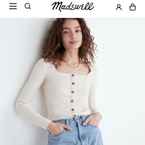Madewell Rosseau Square-Neck Crop Cardigan Top. Color: heather coconut